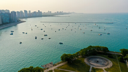 Aerial view of Chicago lakefront and city skyline