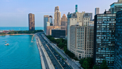 Aerial view of Chicago lakefront and city skyline