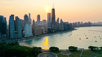 Aerial view of Chicago lakefront and city skyline