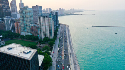 Aerial view of Chicago lakefront and city skyline