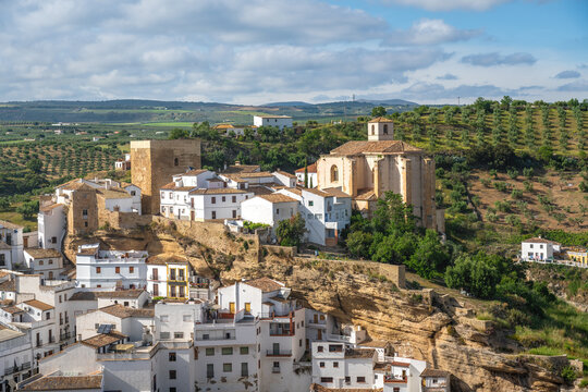 Skyline with Church of la Encarnacion and Torreon del Homenage Tower - Setenil de las Bodegas, Andalusia, Spain