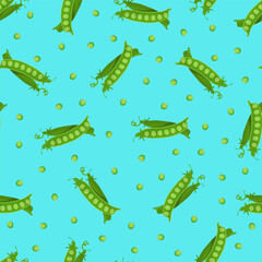 Seamless pattern with green pea pods on a blue background. Pattern with vegetables