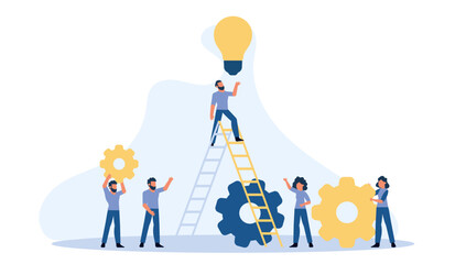 Future ahead with man, woman and light bulb vector concept illustration. Business ladder career job challenge. Journey beginning achievement change opportunity. Objective direction forward vision way © GOLDMAN