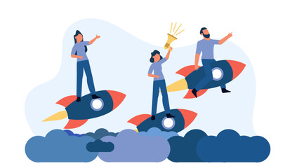 Man and woman target motivation action air rocket plane vector. Change way career journey design purpose. Business goal concept illustration achievement ambition. Progress growth job forward banner