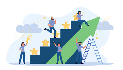 Man and woman vector business reward satisfaction employee. Feedback graphic illustration leader competition. Steps stars feedback work concept. Job motivation company evaluation good quality rating