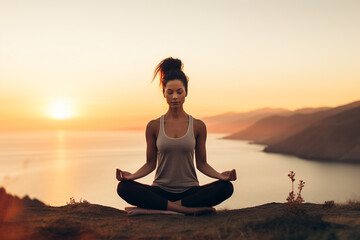 Tranquil Sunset Yoga - A Wellness and Mindfulness Journey - obrazy, fototapety, plakaty