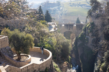 Panoramic view of hanging gardens of Cuenca over El Tajo Gorge with whitewashed houses of Ronda, Andalusia, Spain - obrazy, fototapety, plakaty