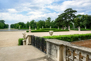Entrance to the garden with park and fountain at Slavkov Castle (Austerlitz), Czech Republic.