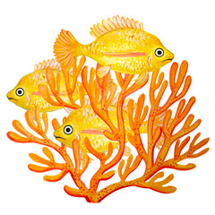 Watercolor painted yellow fish and corals on white background.