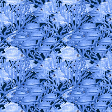 Seamless blue image with painted fishes on the seabed.