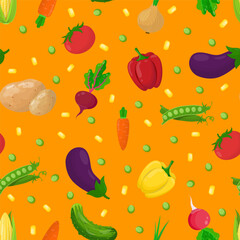Seamless pattern with vegetables on an orange background. A set of vegetables - radish, potato, cucumber, pepper, onion, peas, beetroot, tomato, carrot.