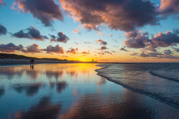 Oostende North Sea beach at sunset, Flanders, Belgium.