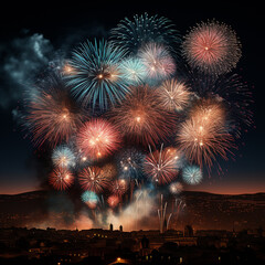 Fototapeta na wymiar New Year's Eve great fireworks color the skies Generative AI