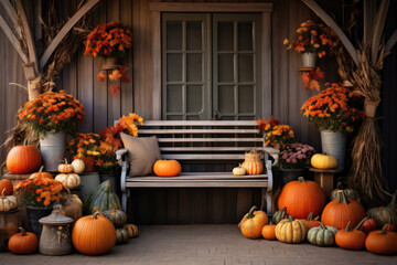 Porch of the backyard decorated with pumpkins and autumn flowers