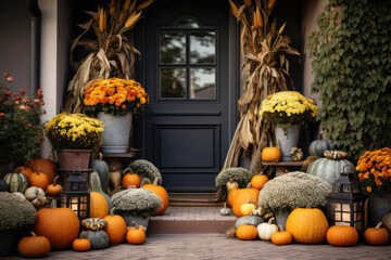 Porch of the backyard decorated with pumpkins and autumn flowers
