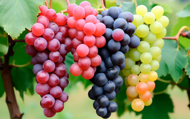 Several bunches of grapes of different colors and sizes are visible on the branch. One cluster is already ripe and ready to be harvested, while the other is still green and needs to be taken care of. 
