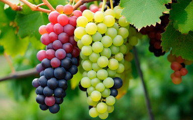 Several bunches of grapes of different colors and sizes are visible on the branch. One cluster is already ripe and ready to be harvested, while the other is still green and needs to be taken care of. 