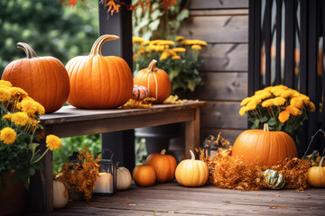 Porch of the backyard decorated with pumpkins and autumn flowers