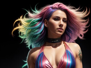 Naklejka na ściany i meble portrait of a woman in a bikini, rainbow colored hair, fit woman sport ready
