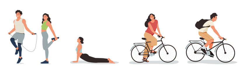 Set of funny people performing sports activities, fitness workout or playing games.