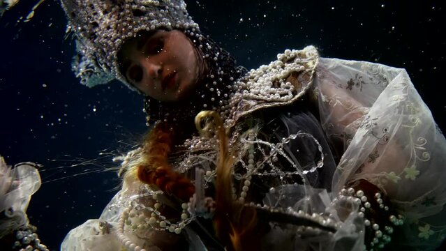 beautiful princess from old Russian fairytale swimming underwater, gloomy shot, woman in pearl crown