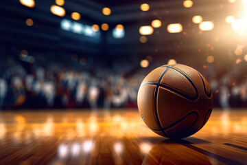 Close up of the basketball in an arena in the background in a cinematic scene. Basketball lying on wooden floor of basketball court and illuminated by spotlights. Generative AI