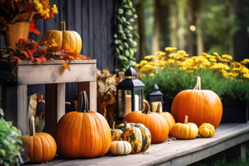 Porch of the backyard decorated with pumpkins and autumn flowers