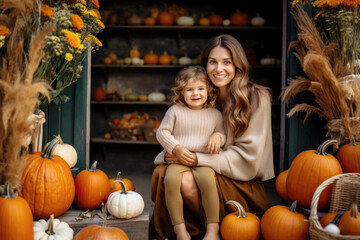 Fototapeta na wymiar Happy young woman sitting on the stairs with her little daughter, on a porch beautifully decorated with autumn pumpkins 
