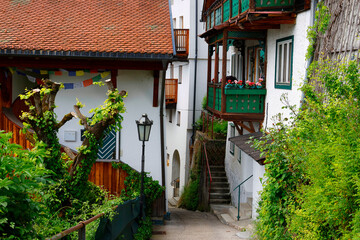 Architectural detail on the historic alleys and streets in the old town of St. Wolfgang by Lake Wolfgang, Austria, Europe	
