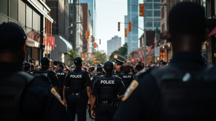 Police Officers standing in front of a crowd of people, protesters, riot in city street, daytime - obrazy, fototapety, plakaty
