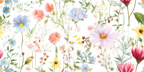 Beautiful vector seamless floral pattern with watercolor hand drawn gentle summer flowers. Stock illustration. Natural artwork
