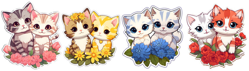 Cute Baby Cats Surrounded BY Pink, Yellow, Blue, Red Flower Petals On Friendship Day Cartoon Stickers. Generative AI