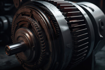 Close-up of an electric motor with a pulley and belt for torque transmission. Turbine of energy power. Realistic 3D illustration. Generative AI