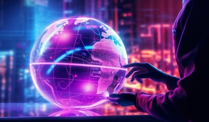 person touching world globe on the screen stock photo