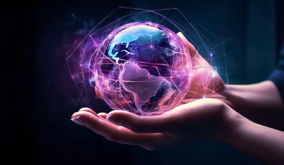 Obraz premium person touching world globe on the screen stock photo
