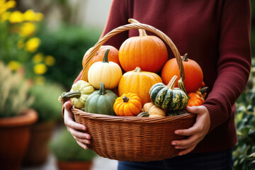 Woman holding decorative pumpkins in wicker basket. Autumn harvest and natural decoration for halloween or thanksgiving holiday