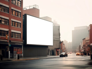 Obraz premium Perspective view of blank white billboard on building wall at sunset, mockup. Generative AI