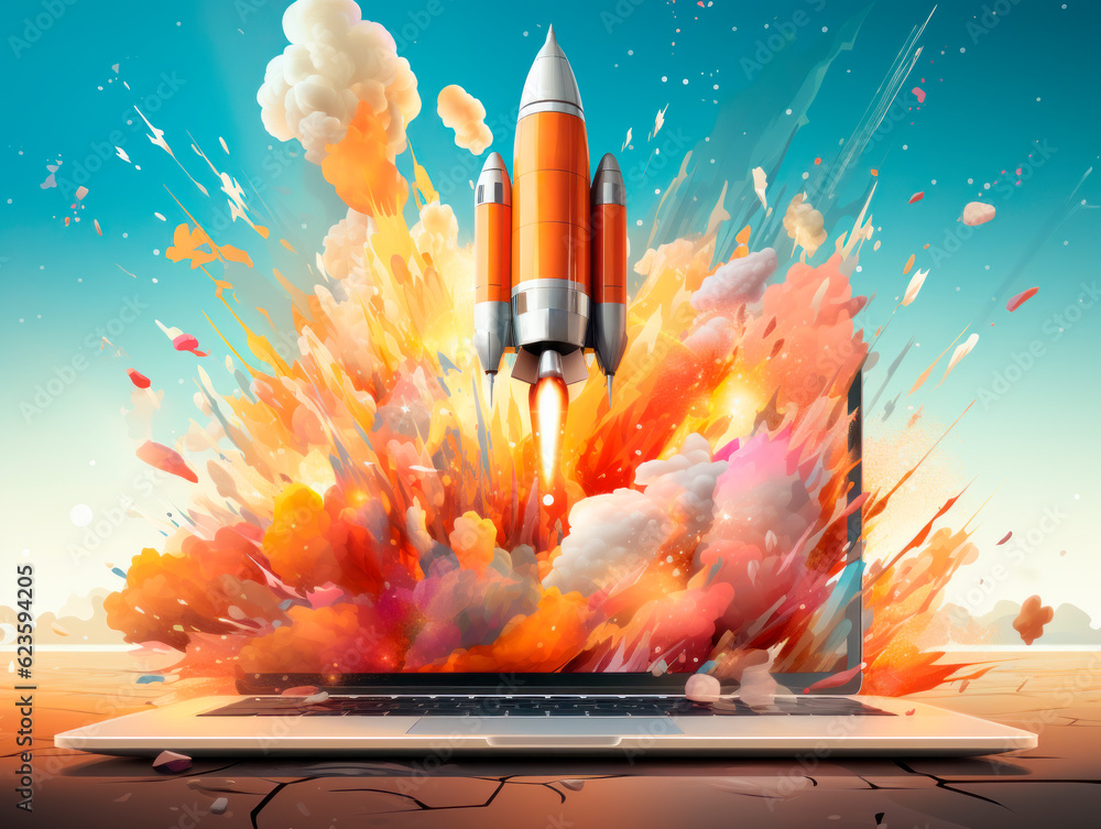 Poster bright technological startup concept with rocket takeoff from laptop. generative ai