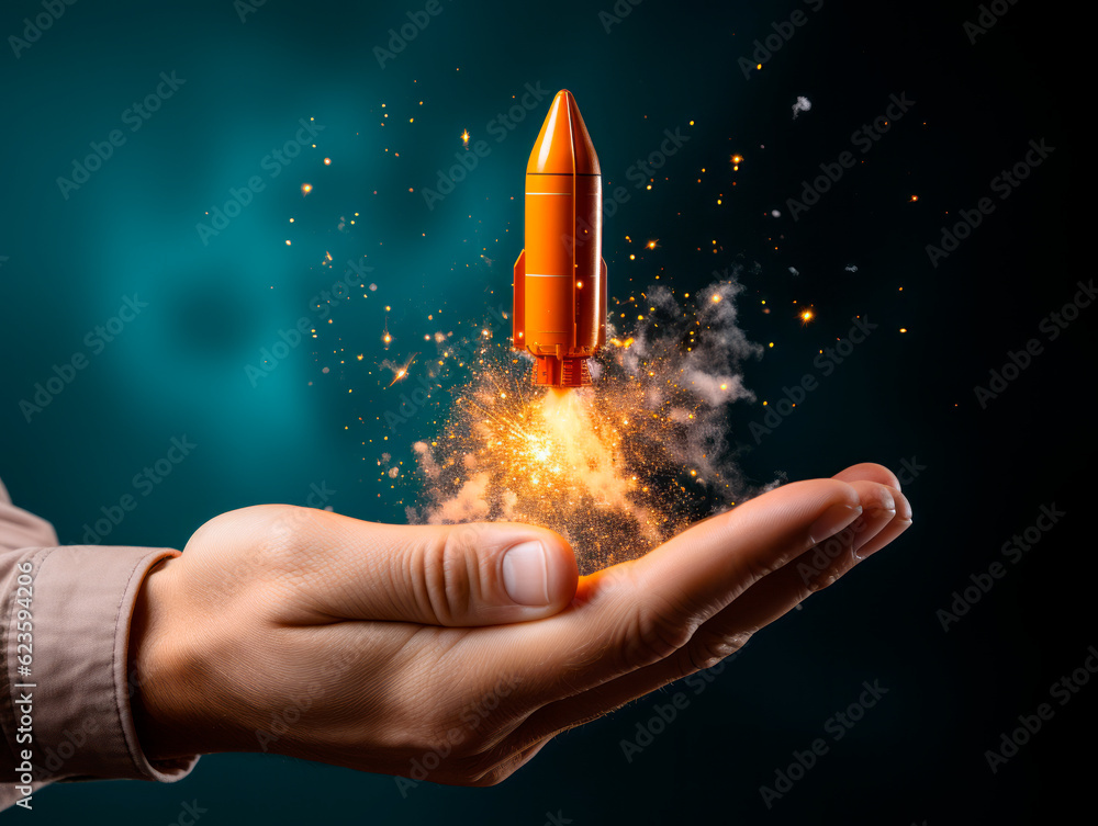 Poster help to launch startups concept with male hand and rocket. generative ai