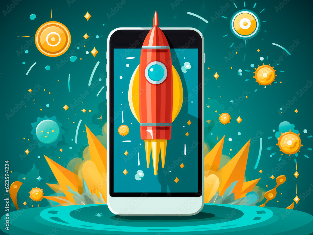Aufkleber Bright technological startup concept with rocket takeoff from cellphone. Generative AI