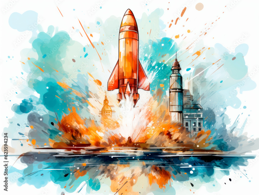 Canvas Prints startup concept with launched rocket, watercolor style. generative ai