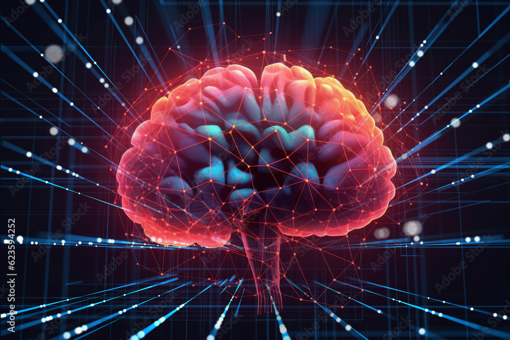 Poster Artificial intelligence and neural network concept with wireframe human brain on technological blue background . Generative AI