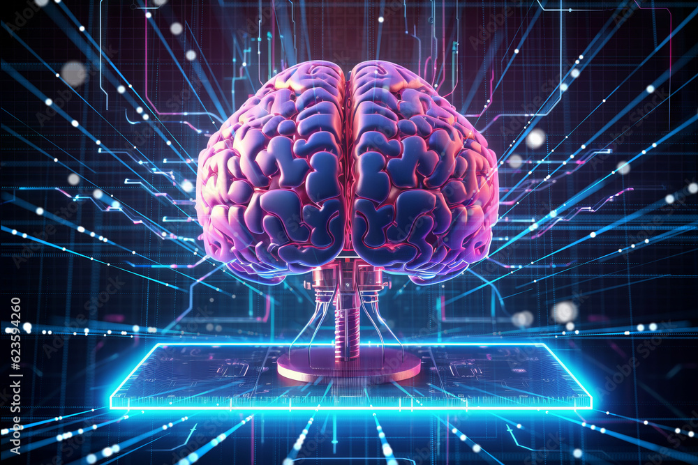 Poster artificial intelligence and machine learning concept with human brain on cyber blue background . gen