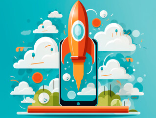 Technological startup concept with rocket takeoff from smartphone. Generative AI