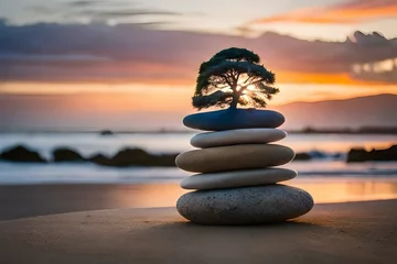 zen stones on the beachgenerated by AI technology © taj