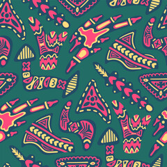 vector three freeform tribal geometric colors seamless pattern on green