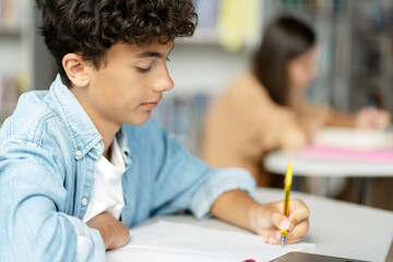 Pensive smart teenage boy taking notes, learning language, exam preparation, reading book  in...