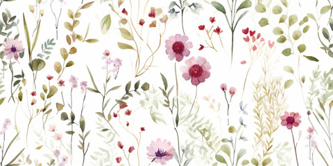 Floral pattern from wildflowers, abstract plants and branches, watercolor isolated seamless illustration for background, textile, wallpapers or floral decorative print