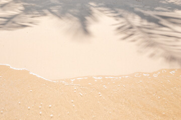 Tropical sea background. white sand with a shadow from the branches of a palm tree and an oncoming transparent wave