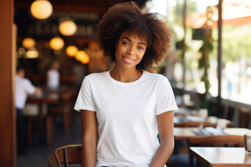 Beautiful black woman wearing bella canvas white t shirt and jeans, at cafe. Design t shirt template, print presentation mockup - obrazy, fototapety, plakaty